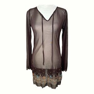 Y2K Sheer Mesh Tunic Top Cover Up Brown Size Small Floral Fairy Grunge Boho